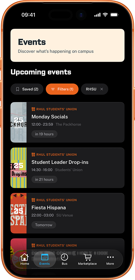 RHUL Mobile app showing upcoming events at Royal Holloway, including SU and society listings