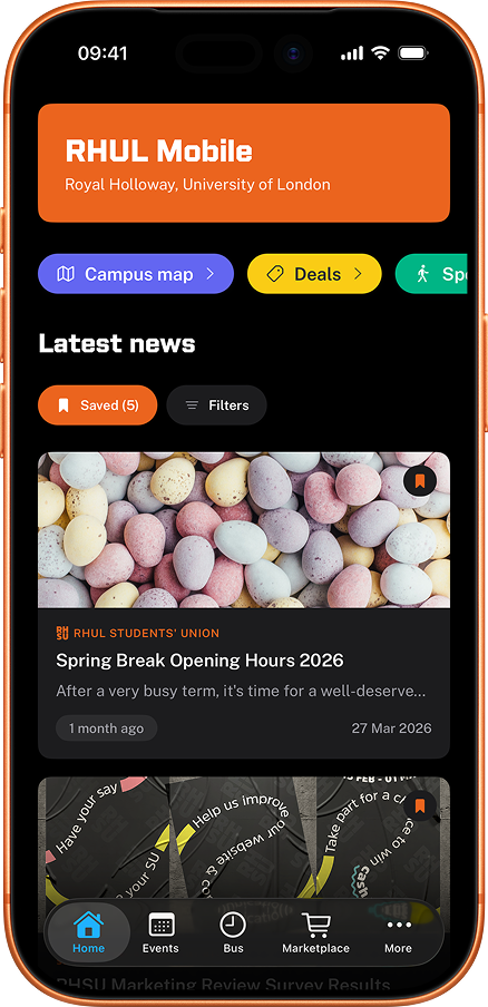 RHUL Mobile app showing the home screen with bus times, laundry status, and latest news