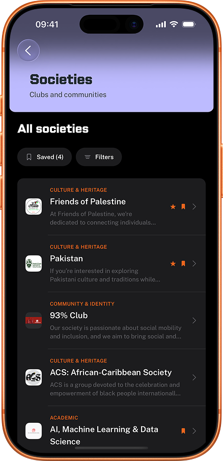 RHUL Mobile app showing Royal Holloway student societies